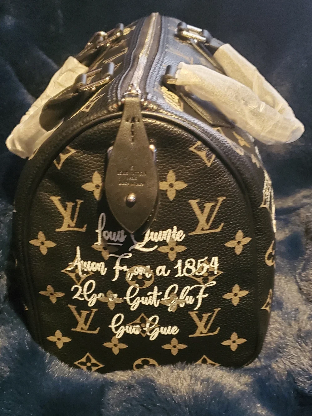 Monogram Print Black Satchel with Trunk Graphic and Chain Pouch